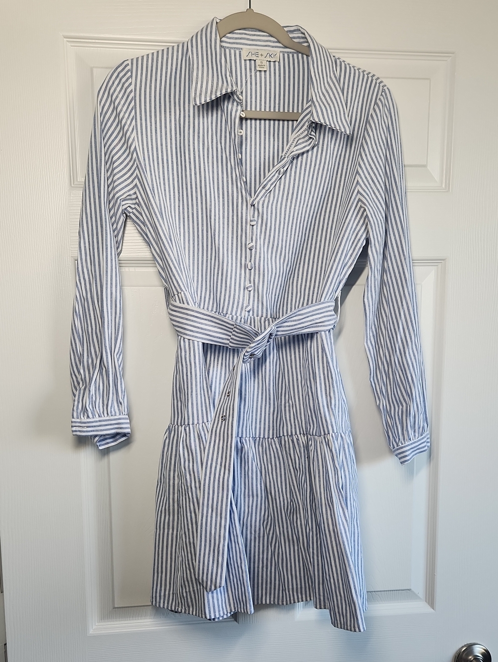 She + Sky Blue & White Striped Tiered Shirt Dress